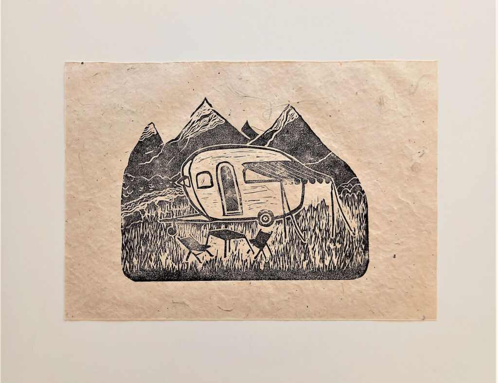 campervan linocut print handmade camper art