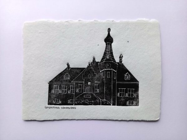 building linocut print municipality woudenberg netherlands dutch architecture