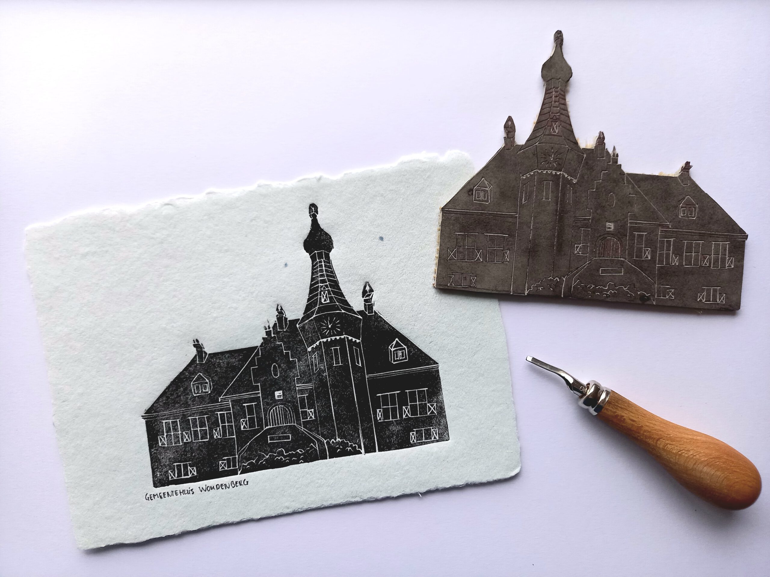 building linocut print municipality woudenberg netherlands dutch architecture