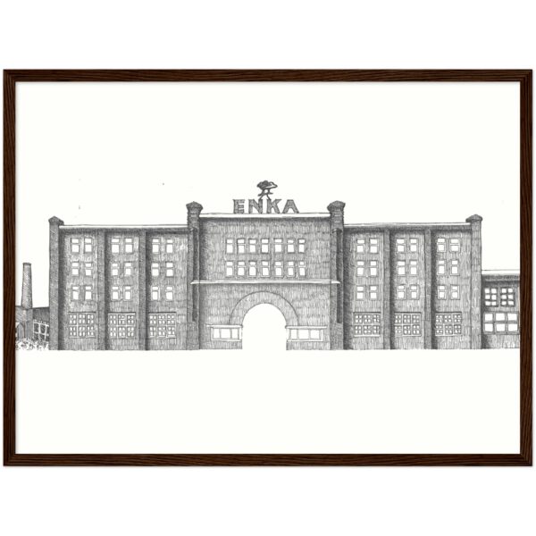 Enka factory pen and ink drawing frame wood wall art deco tekening Enka Ede