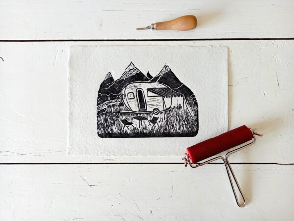 campervan linoprint linocut print handmade cotton paper mountains landscape