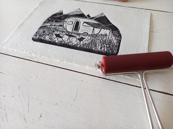 campervan linoprint linocut print handmade cotton paper mountains landscape