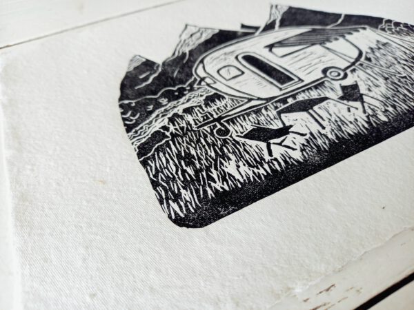 campervan linoprint linocut print handmade cotton paper mountains landscape