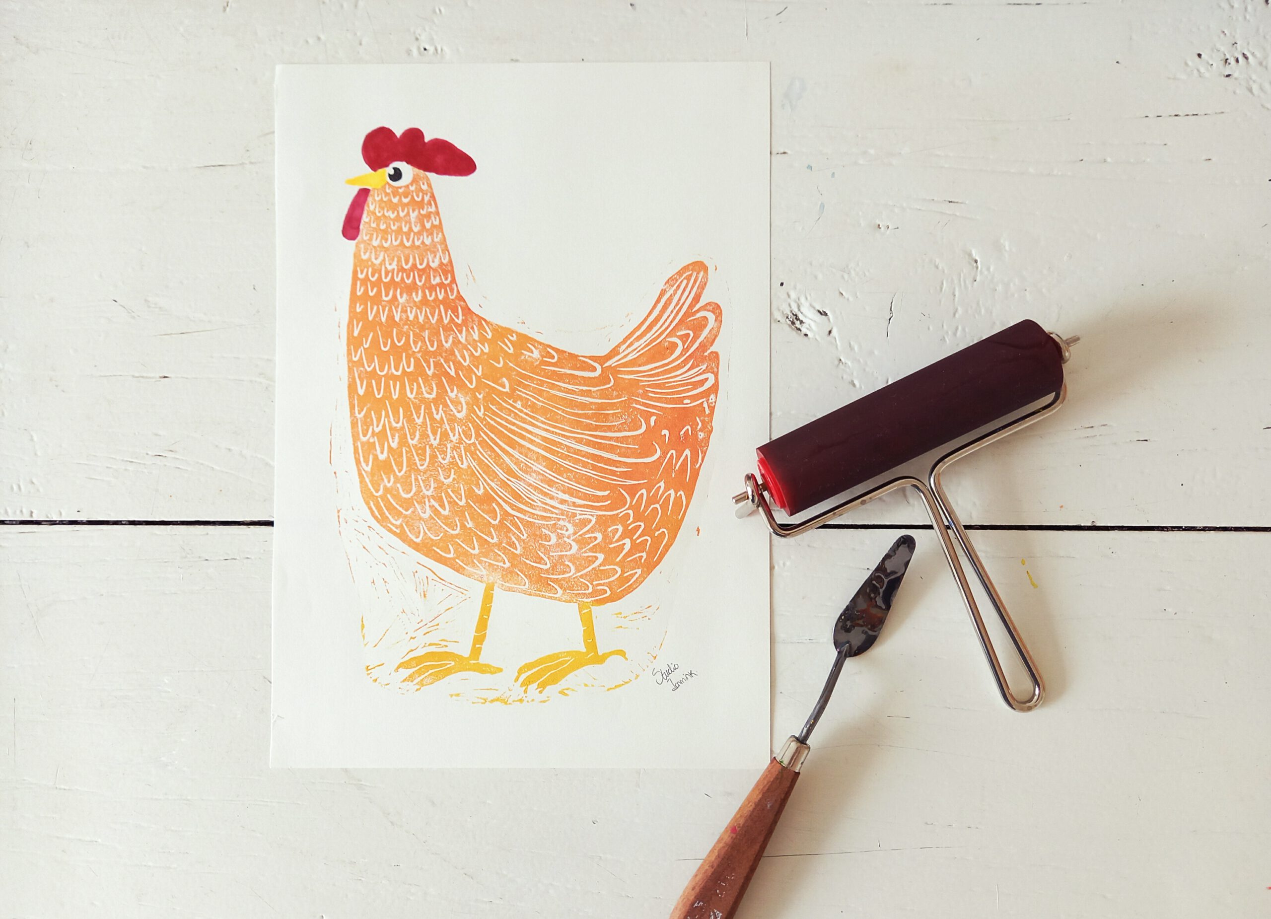 hen chicken linocut print handmade studio immink