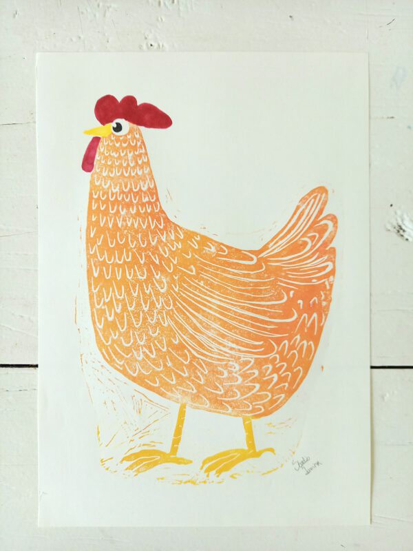 hen chicken linocut print handmade studio immink