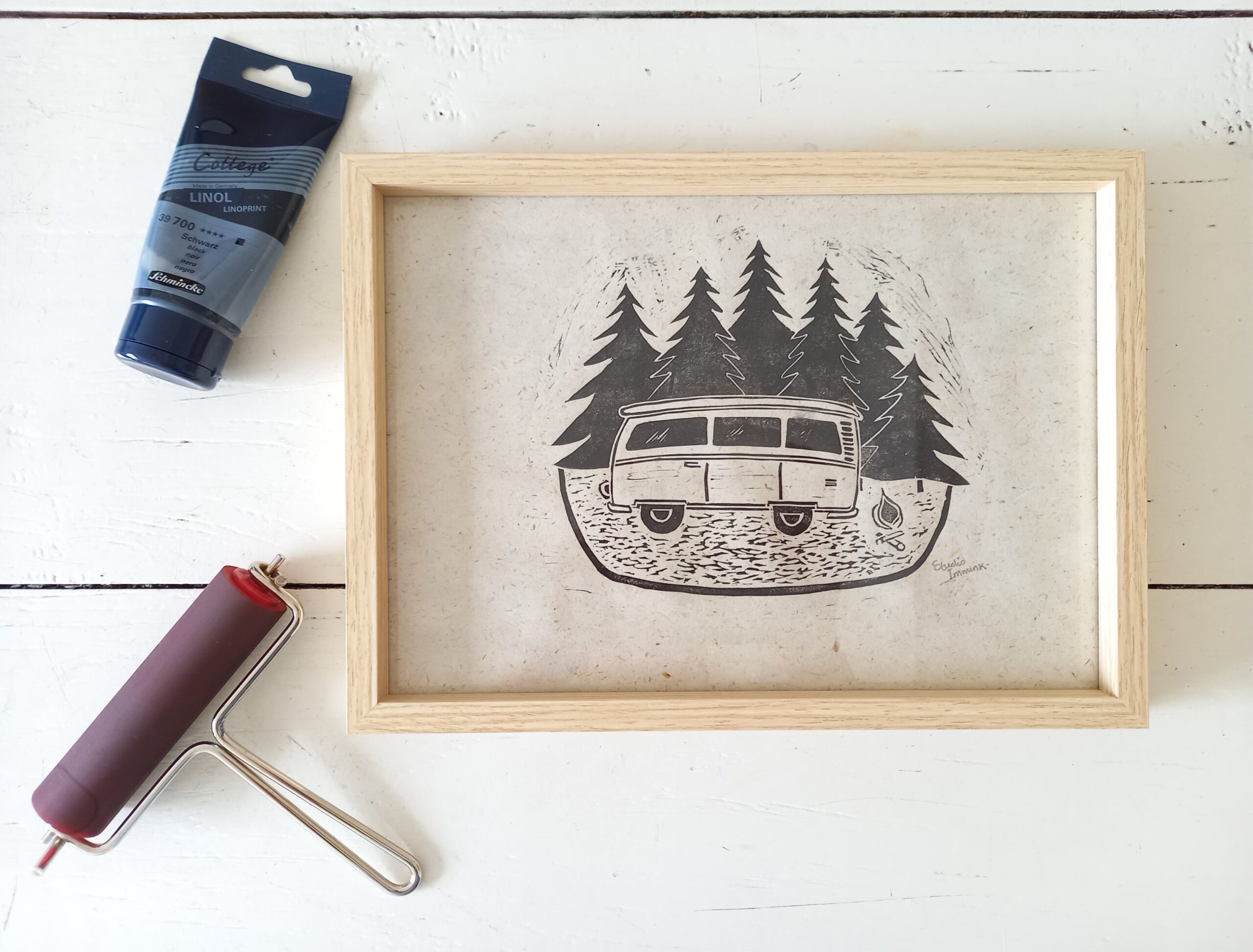 linocut print handmade art print volkswagen vw camper campervan