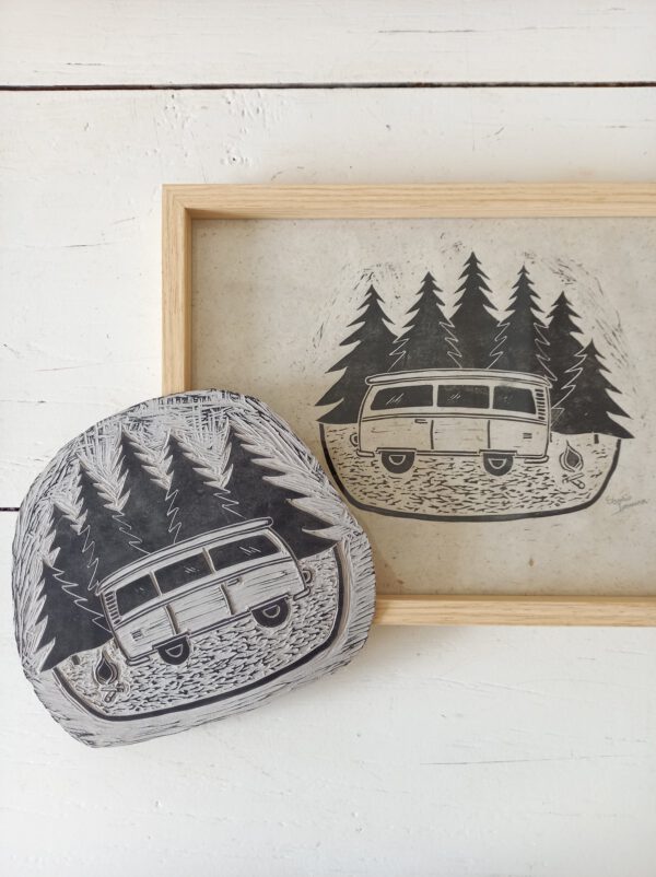 linocut print handmade art print volkswagen vw camper campervan